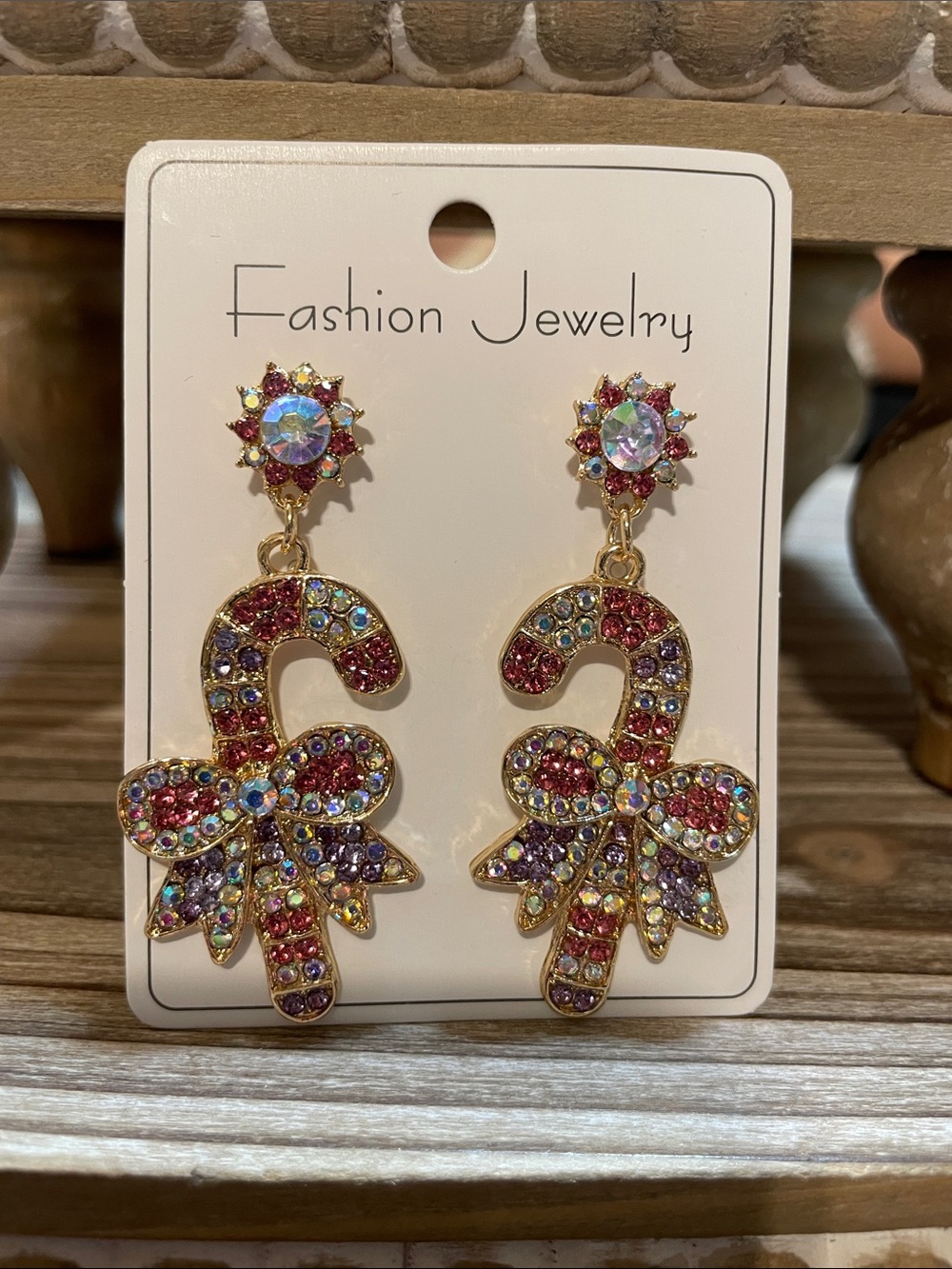 Fashion Jewelry Gold-Tone Multicolor Gem Candy Cane Bow Drop Earrings